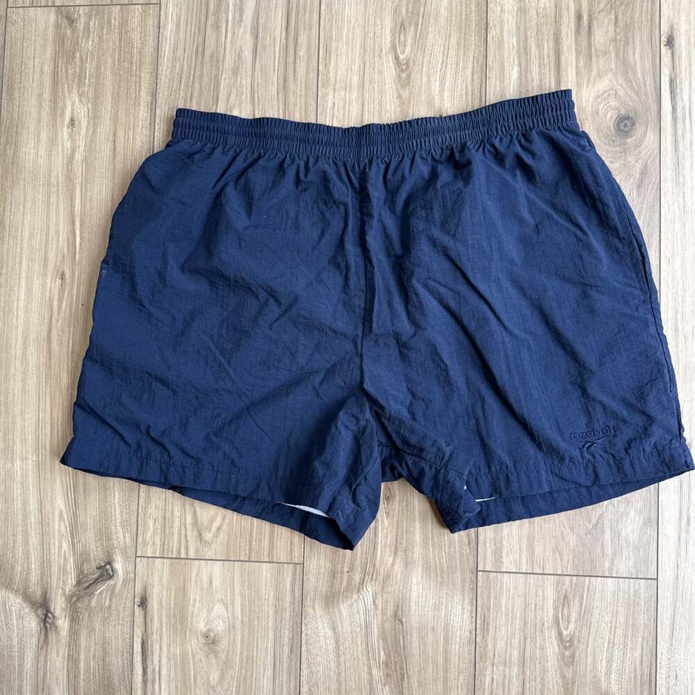 Vintage 90s Reebok Shorts Size XL Blue Nylon Pockets Logo Athletic Summer